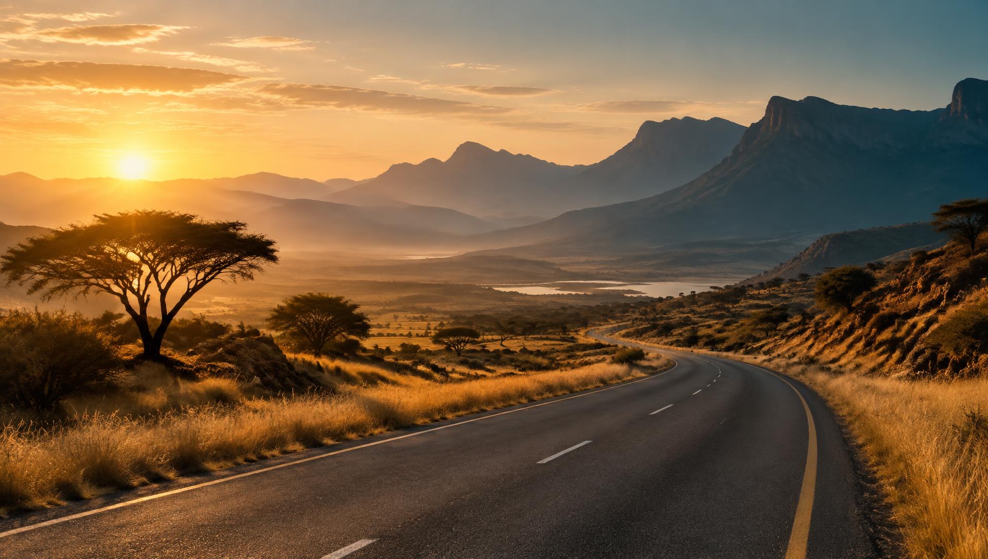 A quiet road running through golden South African grassland towards distant mountains